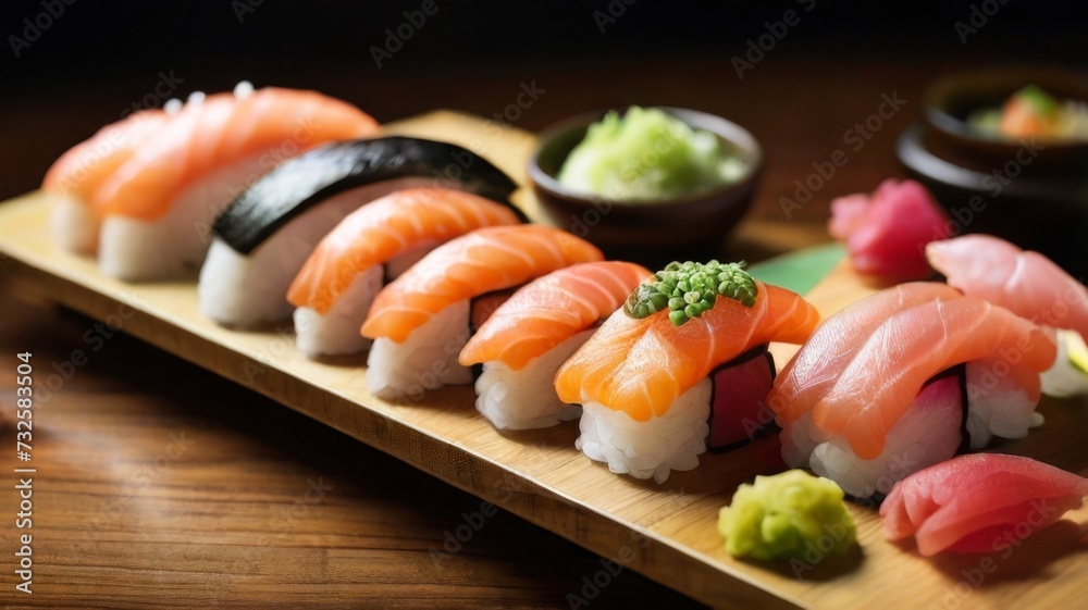 Tantalizing platter of assorted nigiri sushi, featuring fresh slices of tuna Tantalizing platter of assorted nigiri sushi, featuring fresh slices of tuna