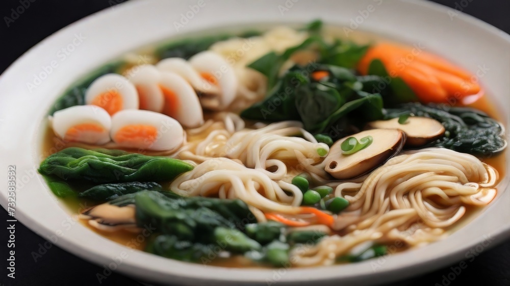 Tempting bowl of vegetarian ramen soup, brimming with tender ramen noodles