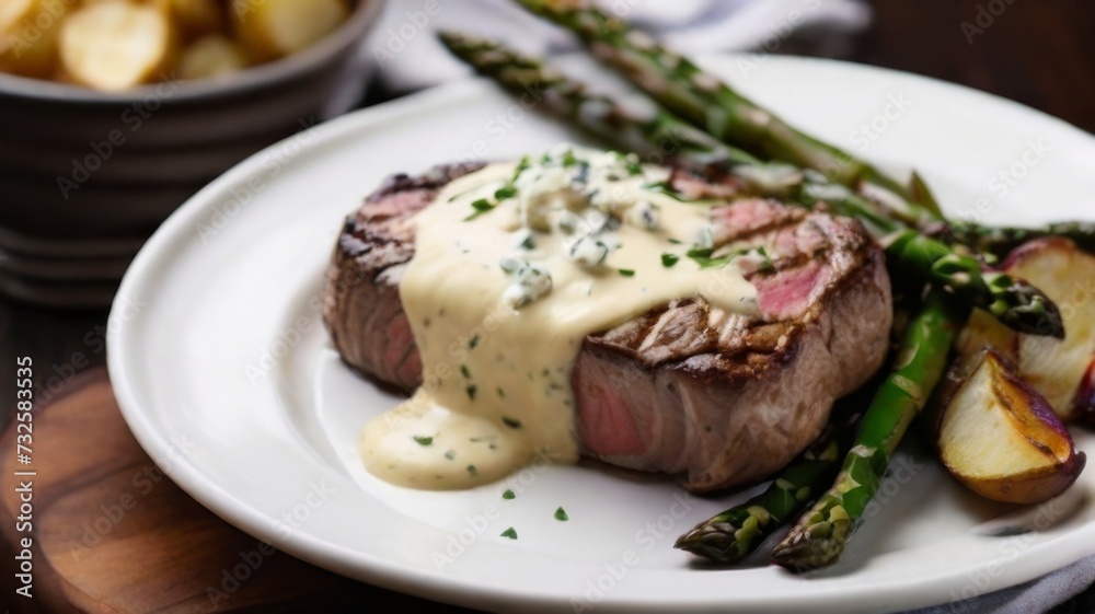 A tempting New York strip steak smothered in a savory blue cheese sauce