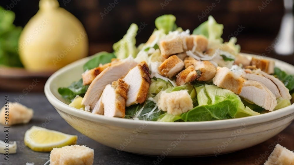 Caesar salad topped with crisp romaine lettuce, garlic croutons, grilled chicken slices