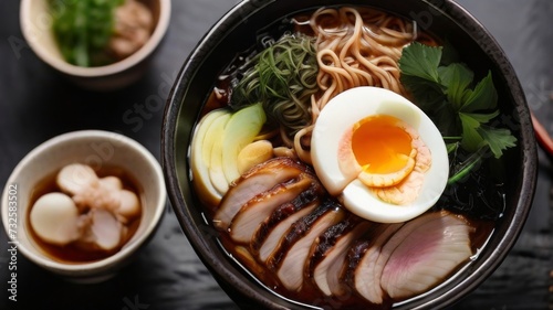 Steaming bowl of classic tonkotsu ramen soup, filled with chewy ramen noodles, slices of tender chashu pork photo