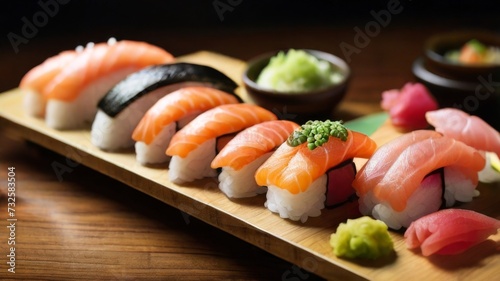 Tantalizing platter of assorted nigiri sushi, featuring fresh slices of tuna
