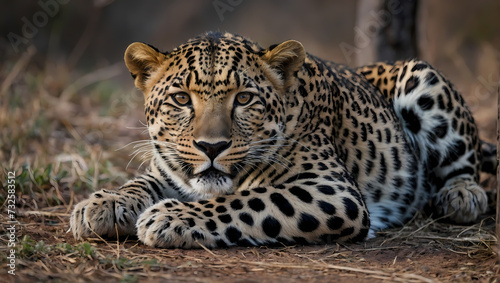 A close-up of a leopard reclining on the ground with front paws positioned, locking eyes with the camera.