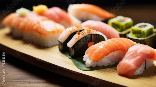 Tantalizing platter of assorted nigiri sushi, featuring fresh slices of tuna