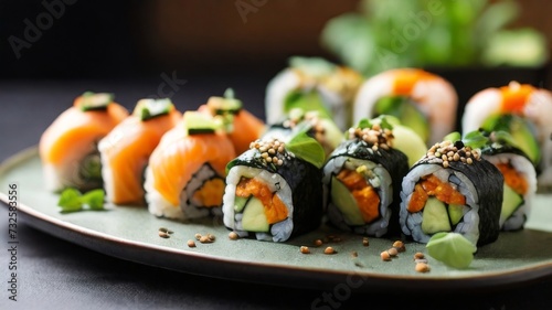 An appetizing plate of rainbow sushi rolls, filled with a colorful array of fresh fish