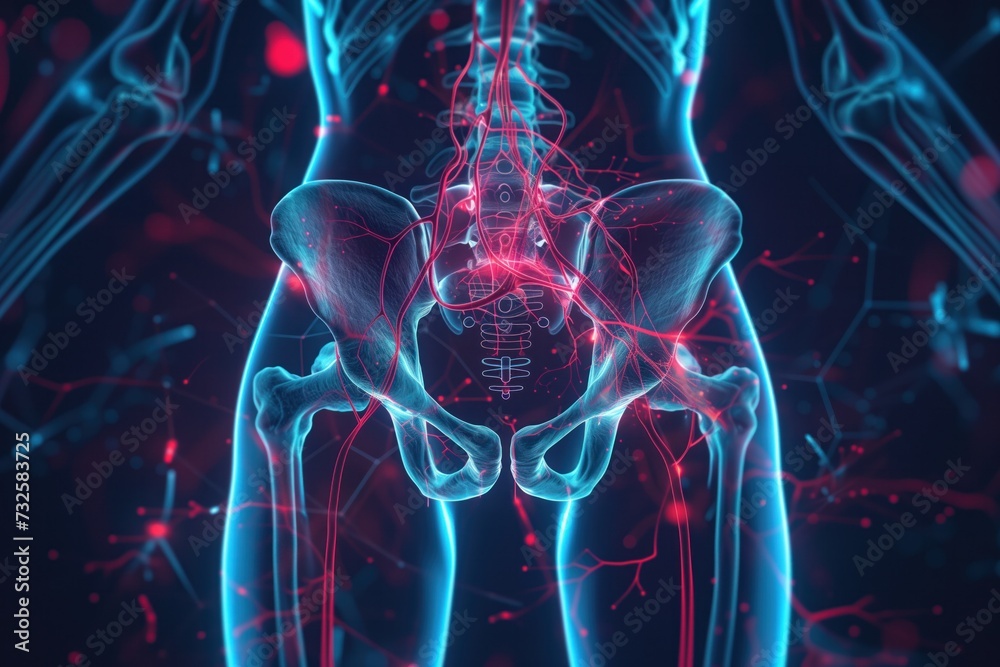 Detailed digital artwork displaying the human pelvic region with a vivid representation of the vascular system, highlighted in red and blue