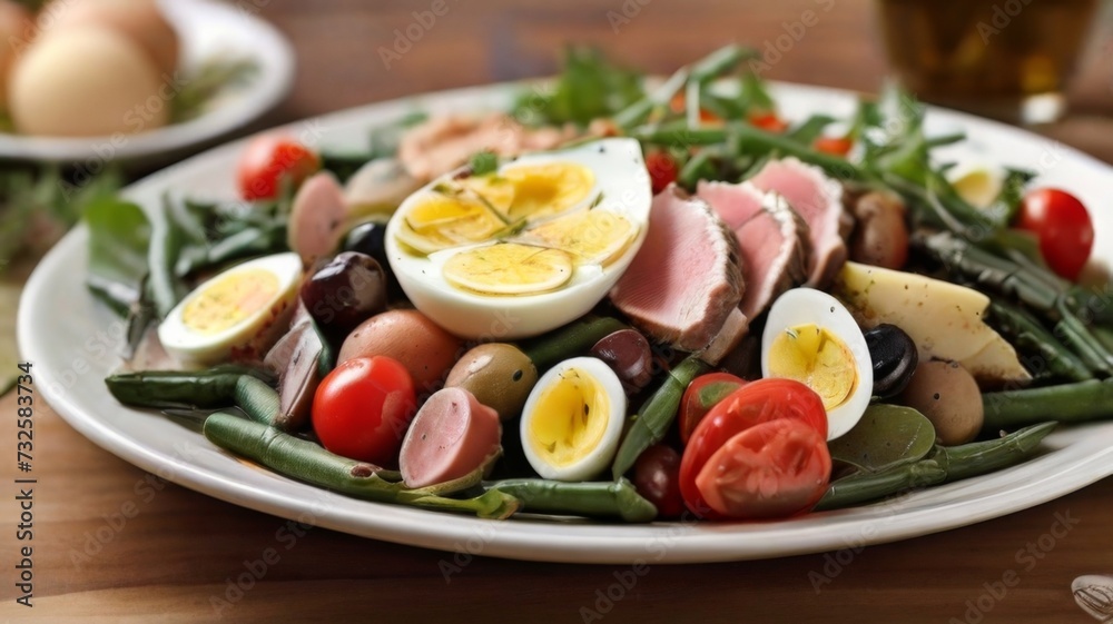 An enticing Nicoise salad composed of tender mixed greens