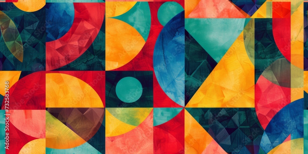 Fototapeta premium Abstract geometric seamless pattern with vibrant watercolor textures, creative wallpaper.