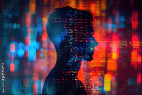 The silhouette of a man is overlaid with a cascade of digital code, depicting his deep connection with the digital world around him.