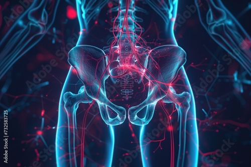 Detailed digital artwork displaying the human pelvic region with a vivid representation of the vascular system, highlighted in red and blue