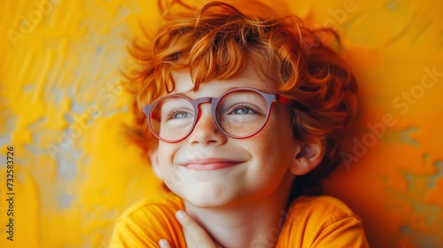 A young Caucasian boy with bright red hair and matching red-rimmed glasses, lying down with a cheerful smile, against a vivid orange background