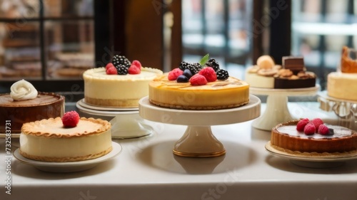 An assortment of cakes and pies arranged on elegant stands in a pastry shop