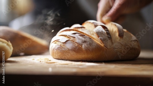 A baker carefully scoring the tops of rustic bread