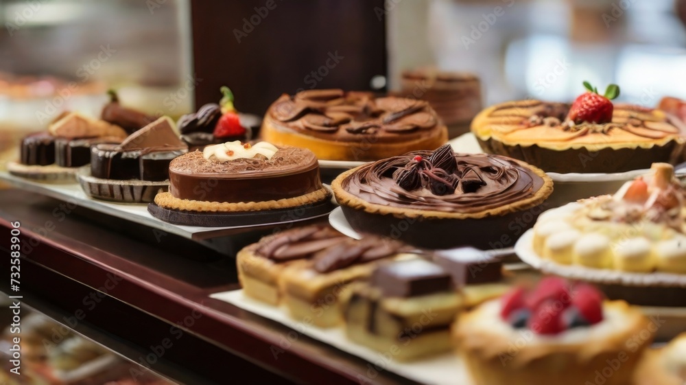 Fototapeta premium An assortment of cakes and pies arranged on elegant stands in a pastry shop