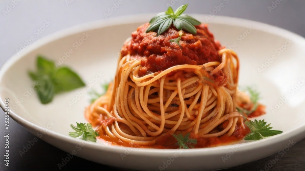 Beautifully plated serving of spaghetti arranged in a nest-like shape, drizzled with a savory tomato sauce