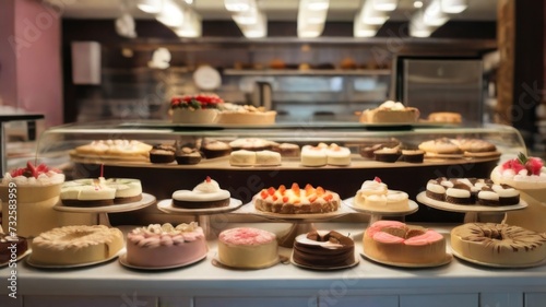An assortment of cakes and pies arranged on elegant stands in a pastry sho © AS Company