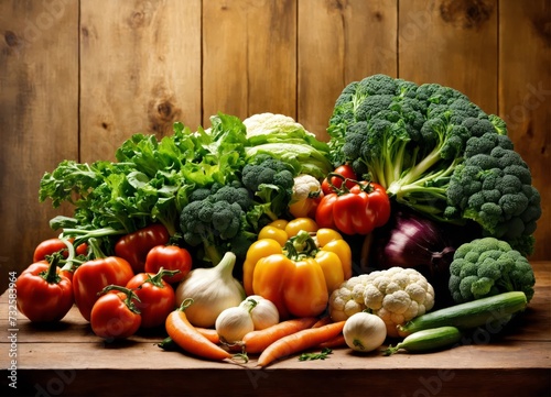 Bright fresh vegetables on wooden background