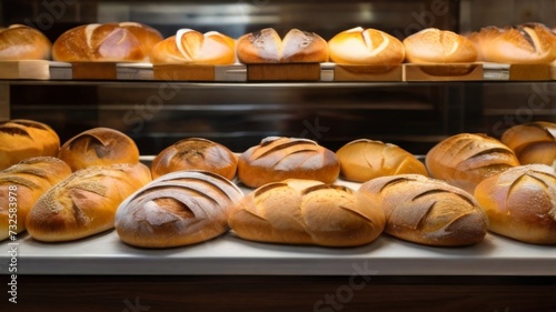 A bakery display filled with an array of freshly baked bread loaves