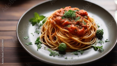 Beautifully plated serving of spaghetti arranged in a nest-like shape, drizzled with a savory tomato sauce