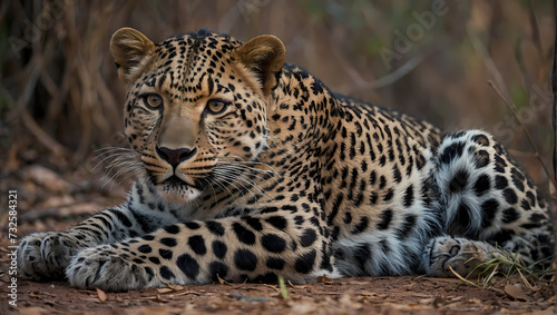 A close-up of a leopard reclining on the ground with front paws positioned  locking eyes with the camera.
