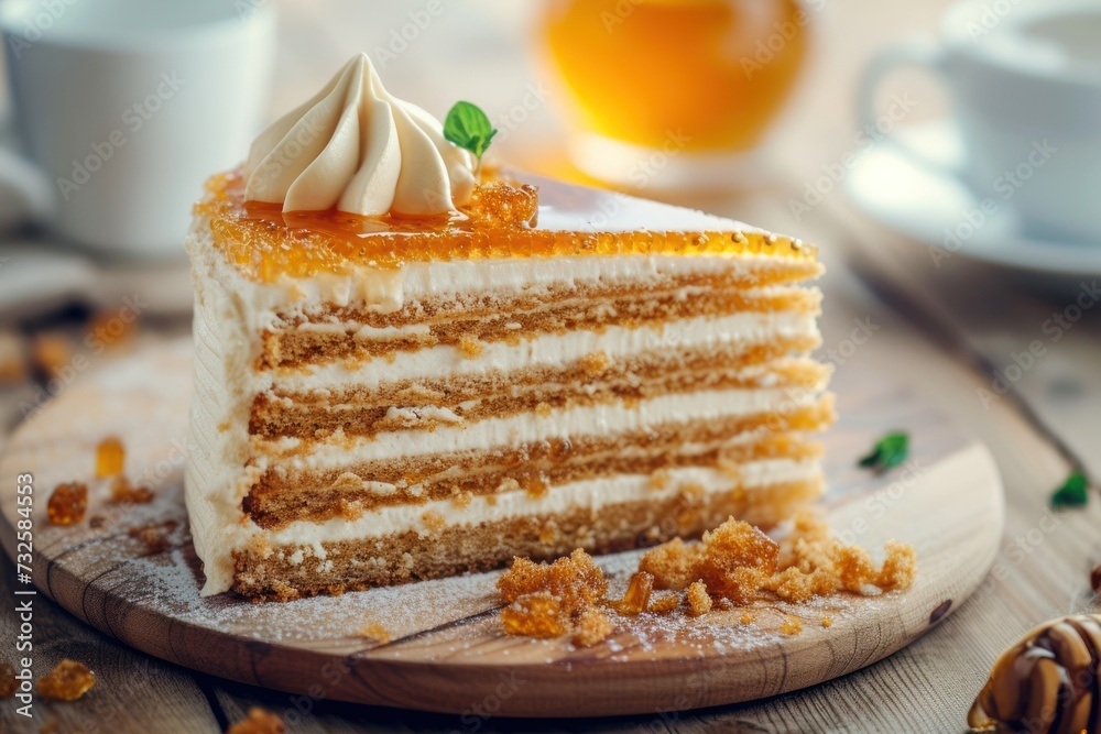 Slice of delicious layered honey cake served on wooden table Slice of delicious layered honey cake served on wooden table