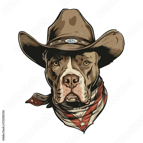 american pit bull Dog Head wearing cowboy hat and bandana around neck
