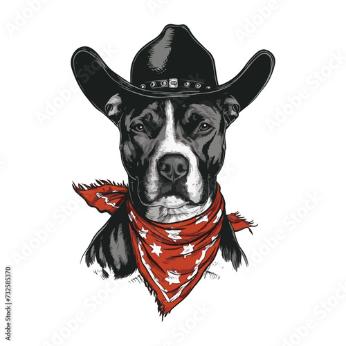 american pit bull Dog Head wearing cowboy hat and bandana around neck