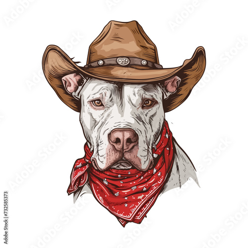 american pit bull Dog Head wearing cowboy hat and bandana around neck