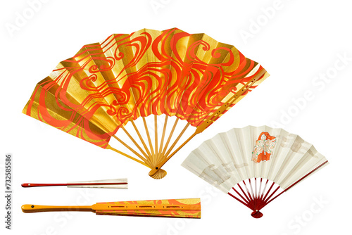 Japanese traditional hand fans from paper and bamboo with gold and red ornament, isolated on white
