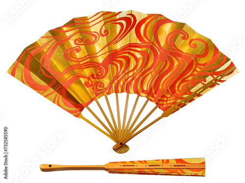Japanese traditional hand fan from paper and bamboo with gold and red ornament, isolated on white