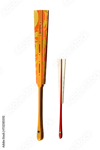 Japanese traditional closed fans from paper and lacquered bamboo with gold, red and white ornament