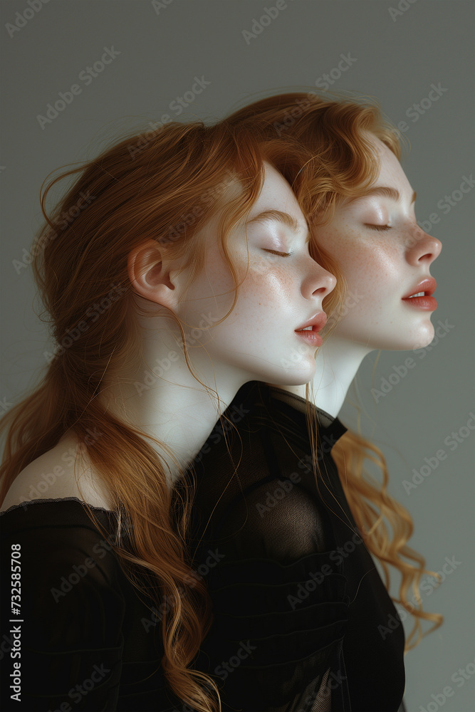 Studio portrait on the affection of an engaged teenage couple. Two red girls together in a dramatic, emotional females friendship pose. Romance and sibling concept. Female friendship