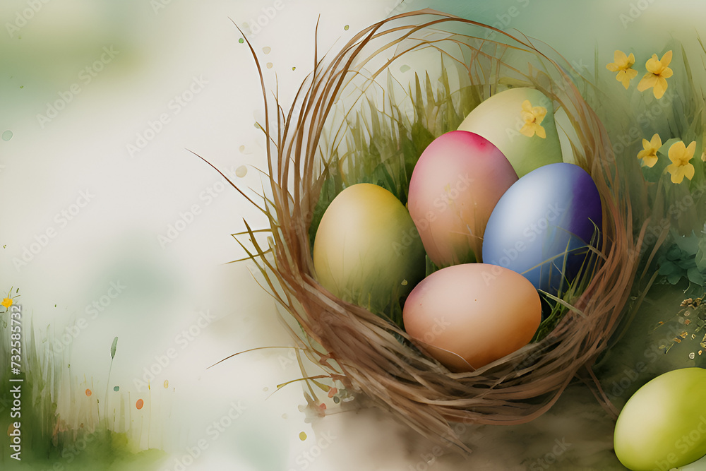 Pastel Color easter eggs in a small grass straw basket nest for sweet happy decorations festive Christian holiday season backdrop watercolor style Pastel Color easter eggs in a small grass straw basket nest for sweet happy decorations festive Christian holiday season backdrop watercolor style