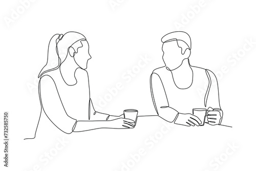 Diverse group of laughing man and woman hanging out in cafe. Simple line, hang out minimalist concept.