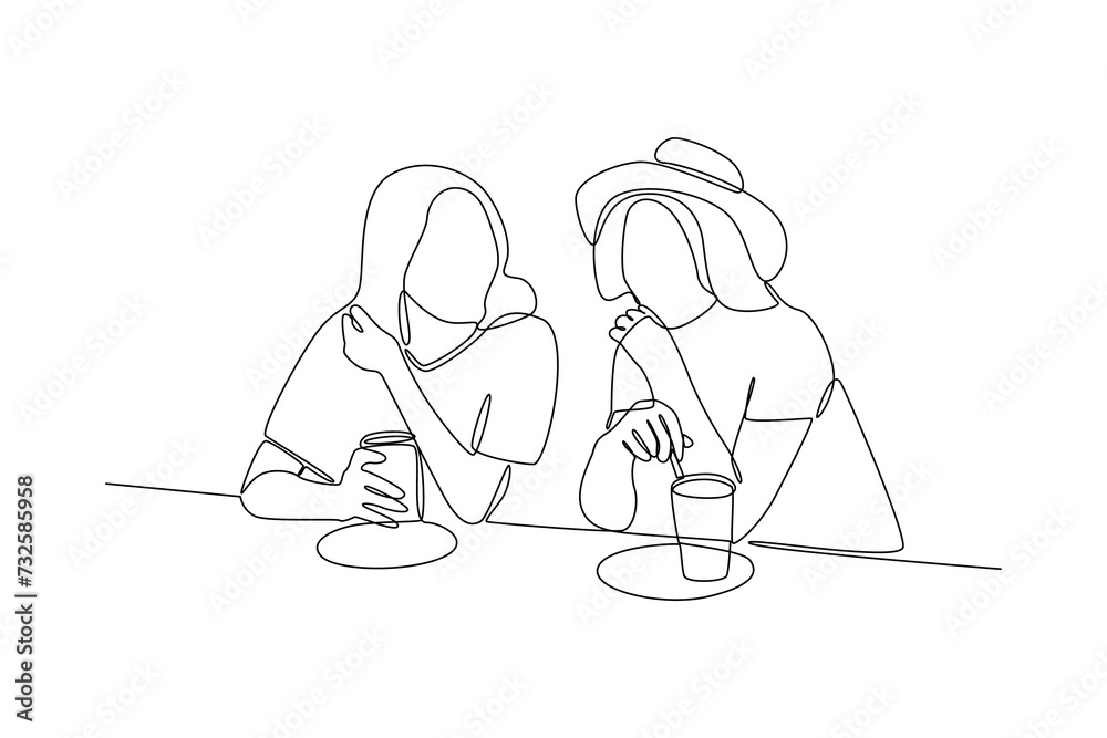 Simple cntinuous line drawing of two women exchanging stories while hanging out in a cafe. Simple line, hang out minimalist concept. Simple cntinuous line drawing of two women exchanging stories while hanging out in a cafe. Simple line, hang out minimalist concept.