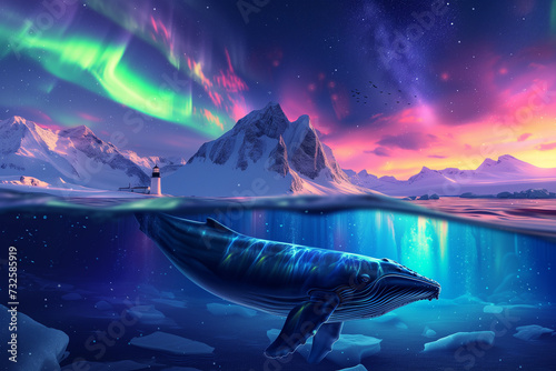 whale in the northern sea with snow mountain and iceberg