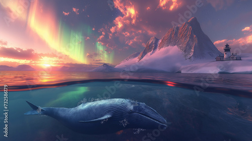 whale in the northern sea with snow mountain and iceberg © Maizal