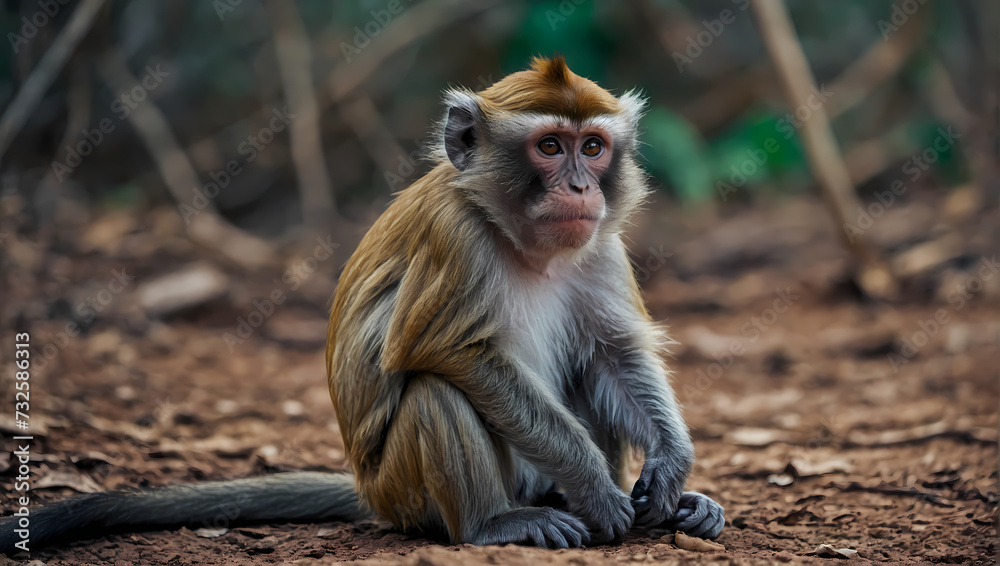 A close-up of a monkey sitting on the ground with its front paws touching the surface, curiously gazing at the camera. 