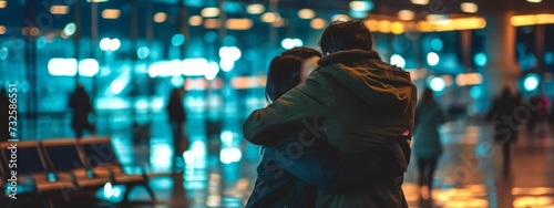 An emotional embrace between two people at the airport, illuminated by the vibrant city lights and evening ambiance