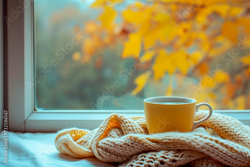 Cup with some drink with a scarf near a window, autumn season, cosy moment