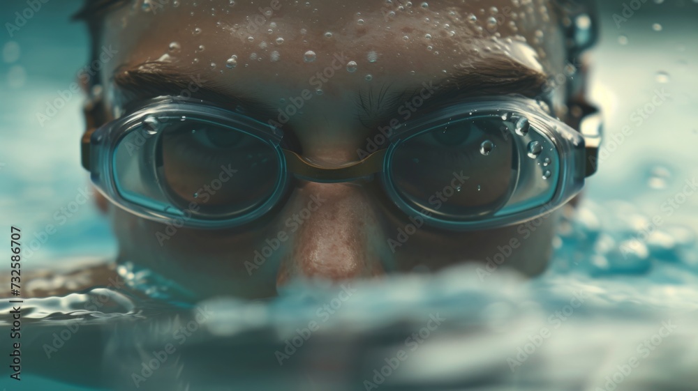 Swimmer in blue pool goggles stares ahead, bubbles framing face - obrazy, fototapety, plakaty 