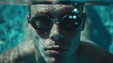Male swimmer underwater, clear goggles showing focused eyes