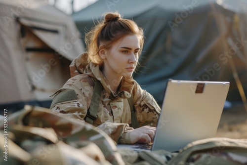 Focused female soldier in camouflage working on laptop outdoors with tents in the background. photo