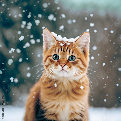 Cute ginger kitten in the snow . Beautiful winter illustration