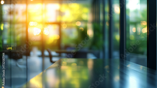 Modern business office setting environment blurred background with sunlight reflection on window glass for design