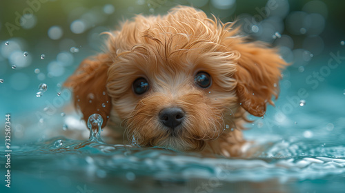 Funny brown maltipoo puppy dog swims in a summer pool