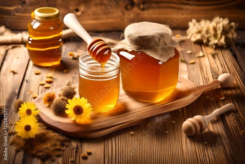Jar of honey and wooden drizzler on a wooden background photo