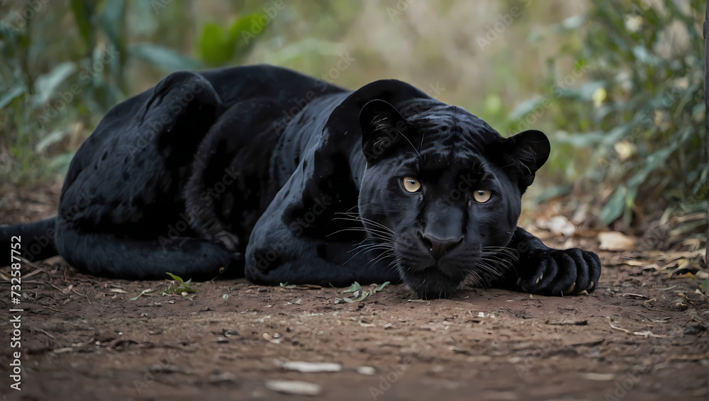 A close-up of a panther lounging on the ground with its front paws down, making eye contact with the camera.