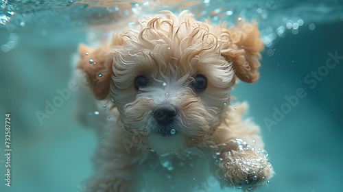 Underwater funny photo of maltipoo poodle puppy in the pool playing with fun - jumping, diving deep down