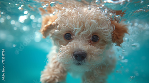 Underwater funny photo of maltipoo poodle puppy in the pool playing with fun - jumping, diving deep down